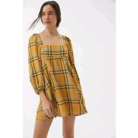 Urban Outfitters UO Lachlan Flannel Smocked Mini Dress XS Spring Yellow - Picture 1 of 8